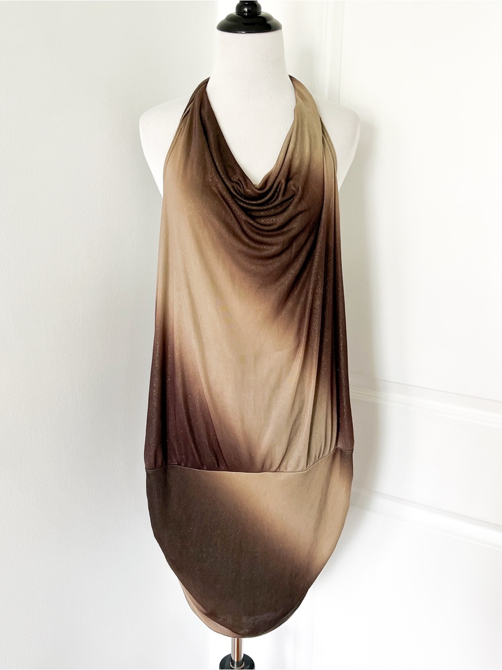 Vintage Zenobia Shimmery Ombre Brown and Tan Draped Halter Mini Dress